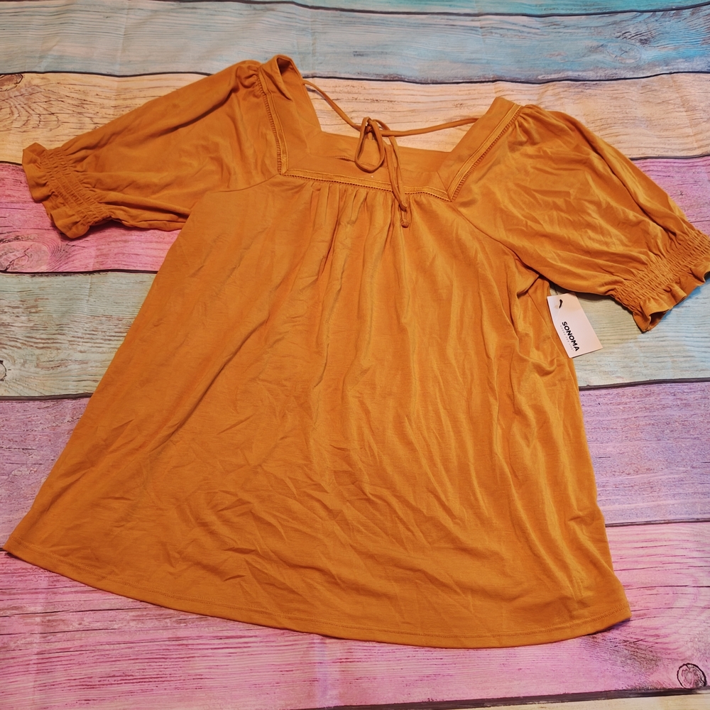 Sonoma Large Maternity Mustard Puff Sleeve Peasant Top #0599